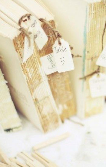 Ashley purchased old books from Goodwill to use as table markers so guests at her wedding could determine where to sit.